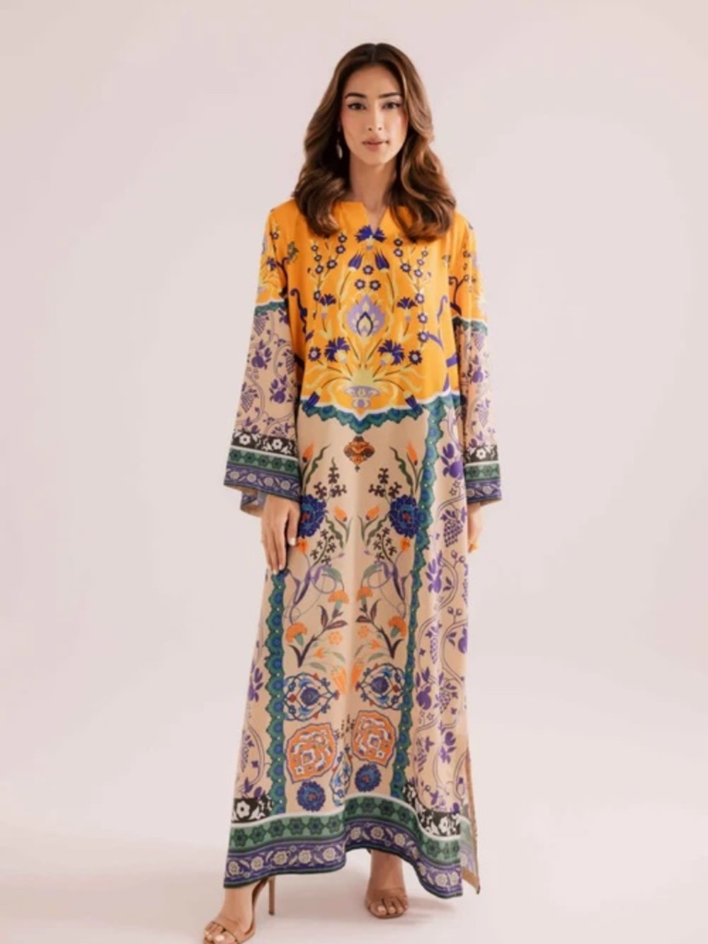 Printed Raw Silk Kaftan Artisan Maxi with sleeves Pakistani Indian dress Small